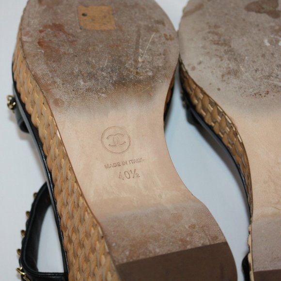 Chanel 20C Black Leather CC Chain Wicker Platform Wedge Sandal EU 40.5 / US 10.5 - Picture 8 of 11